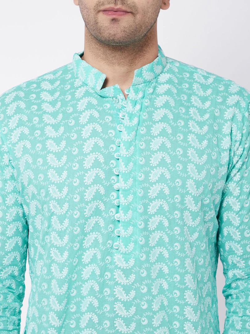 VASTRAMAY Men's Green And White Chikankari Kurta Pyjama Set 6 VASTRAMAY Men's Green And White Chikankari Kurta Pyjama Set