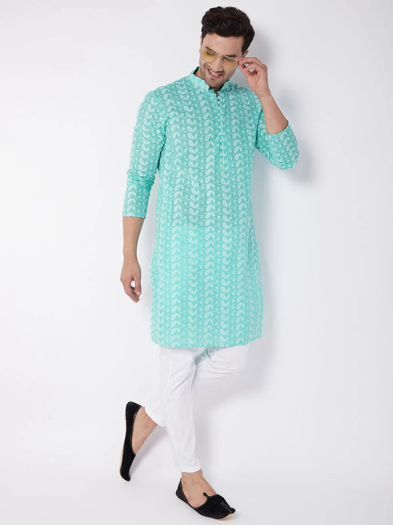 VASTRAMAY Men's Green And White Chikankari Kurta Pyjama Set 3 VASTRAMAY Men's Green And White Chikankari Kurta Pyjama Set