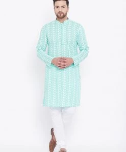 Vastramay Men's Green And White Chikankari Kurta Pyjama Set 14 Vastramay Men's Green And White Chikankari Kurta Pyjama Set