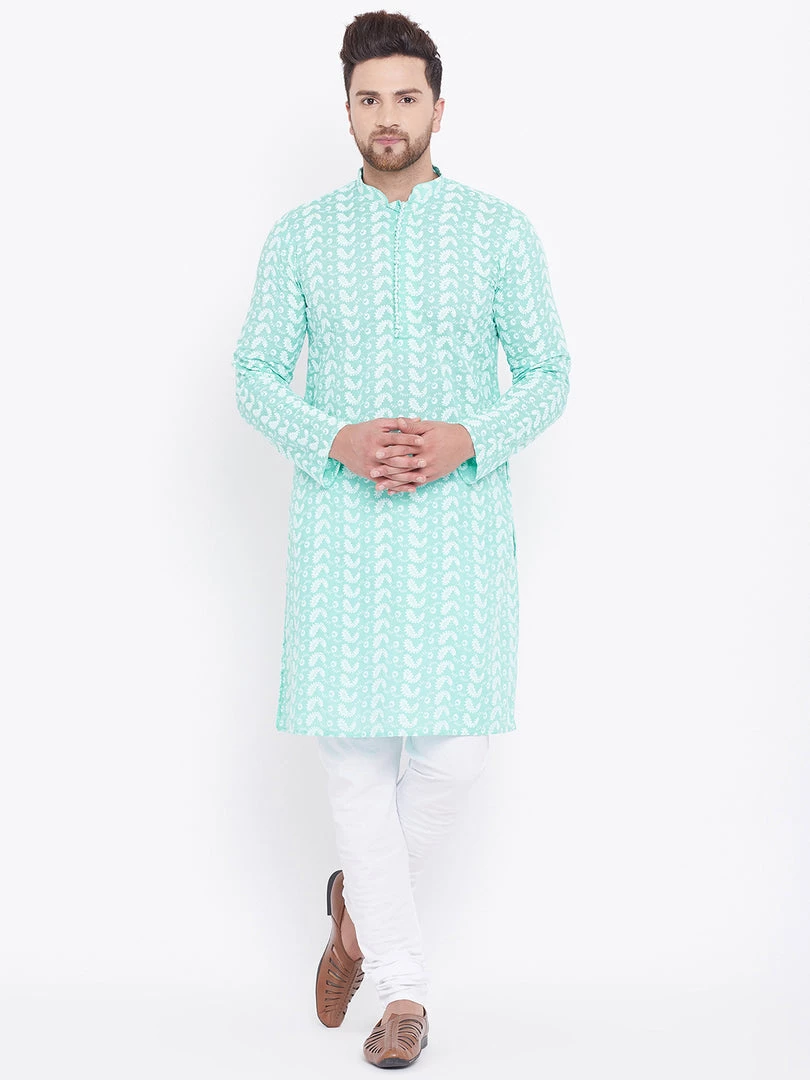 Vastramay Men's Green And White Chikankari Kurta Pyjama Set 7 Vastramay Men's Green And White Chikankari Kurta Pyjama Set