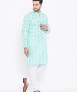 Vastramay Men's Green And White Chikankari Kurta Pyjama Set 11 Vastramay Men's Green And White Chikankari Kurta Pyjama Set