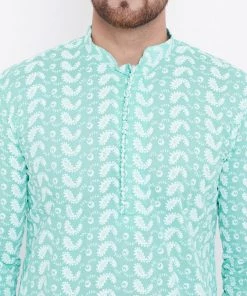 Vastramay Men's Green And White Chikankari Kurta Pyjama Set 16 Vastramay Men's Green And White Chikankari Kurta Pyjama Set