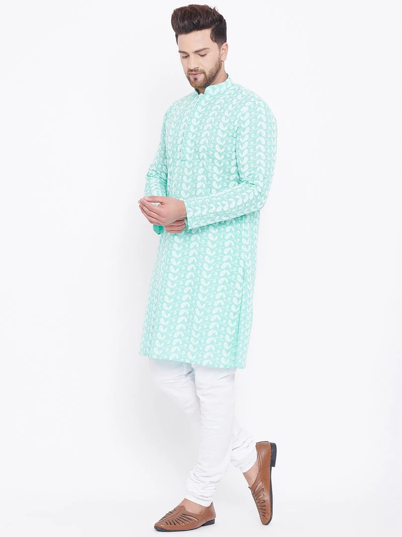 Vastramay Men's Green And White Chikankari Kurta Pyjama Set 6 Vastramay Men's Green And White Chikankari Kurta Pyjama Set