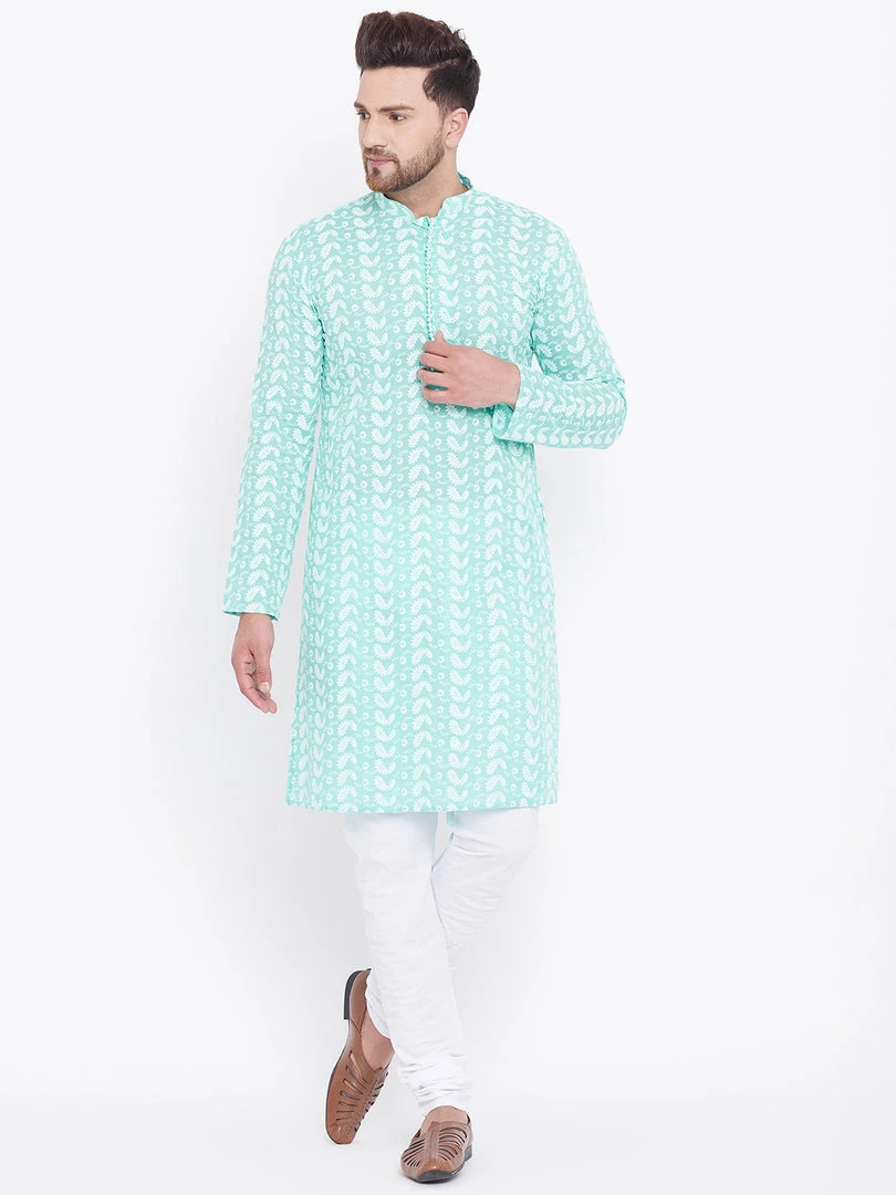 Vastramay Men's Green And White Chikankari Kurta Pyjama Set 3 Vastramay Men's Green And White Chikankari Kurta Pyjama Set