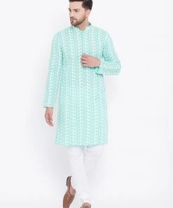 Vastramay Green And White Baap Beta Kurta And Pyjama Set