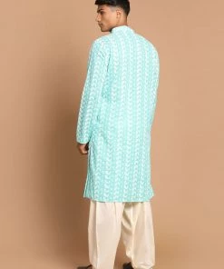 VASTRAMAY Men's Green Embroidered Chikankari Pure Cotton Kurta With Patiala Kurta Sets