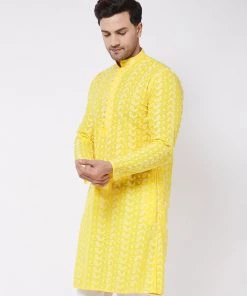 VASTRAMAY Men's Mustard Pure Cotton Chikankari Kurta