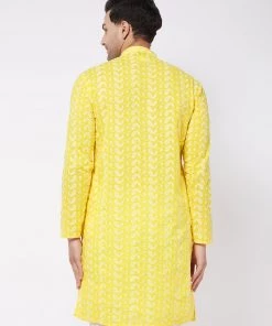 VASTRAMAY Men's Mustard Pure Cotton Chikankari Kurta