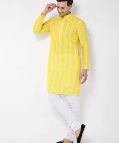 VASTRAMAY Men's Mustard Pure Cotton Chikankari Kurta
