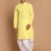 Kurta Sets VASTRAMAY Men's Mustard Chickankari Kurta With White Dhoti