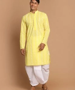 Kurta Sets VASTRAMAY Men's Mustard Chickankari Kurta With White Dhoti