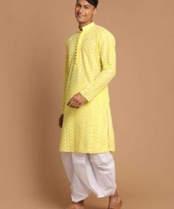 Kurta Sets VASTRAMAY Men's Mustard Chickankari Kurta With White Dhoti