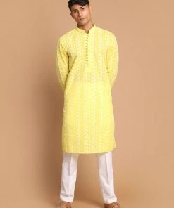 VASTRAMAY Men's Mustard Chickankari Kurta With White Pyjama Kurta Sets