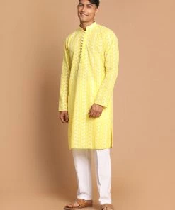 VASTRAMAY Men's Mustard Chickankari Kurta With White Pyjama Kurta Sets
