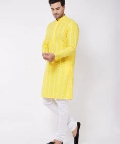 VASTRAMAY Men's Mustard And White Chikankari Kurta With White Churidar Kurta Sets