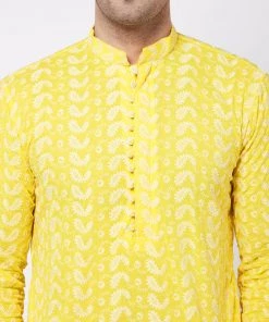 VASTRAMAY Men's Mustard And White Chikankari Kurta With White Churidar Kurta Sets