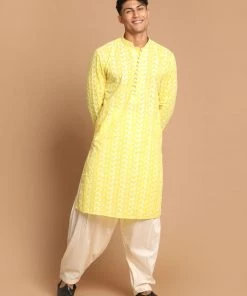 VASTRAMAY Men's Mustard Chikankari Pure Cotton Kurta With Patiala Kurta Sets
