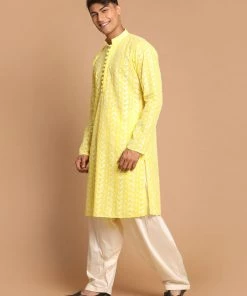 VASTRAMAY Men's Mustard Chikankari Pure Cotton Kurta With Patiala Kurta Sets