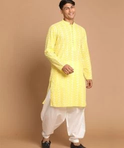VASTRAMAY Men's Mustard Embroidered Chikankari Pure Cotton Kurta With Patiala Kurta Sets