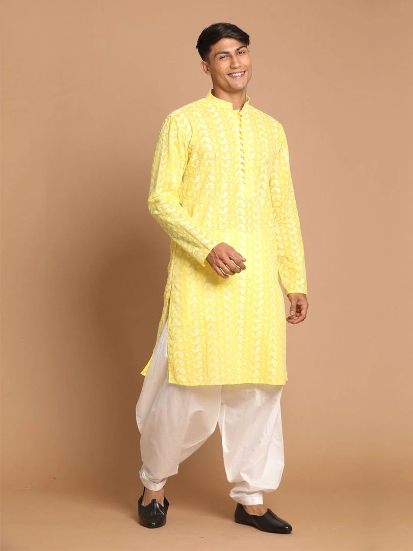 VASTRAMAY Men's Mustard Embroidered Chikankari Pure Cotton Kurta With Patiala Kurta Sets 3 VASTRAMAY Men's Mustard Embroidered Chikankari Pure Cotton Kurta With Patiala Kurta Sets