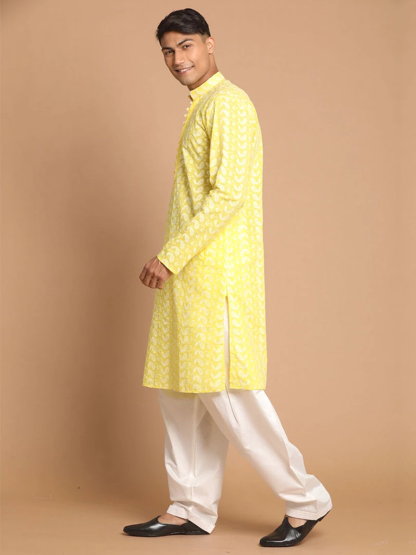 VASTRAMAY Men's Mustard Embroidered Chikankari Pure Cotton Kurta With Patiala Kurta Sets 4 VASTRAMAY Men's Mustard Embroidered Chikankari Pure Cotton Kurta With Patiala Kurta Sets