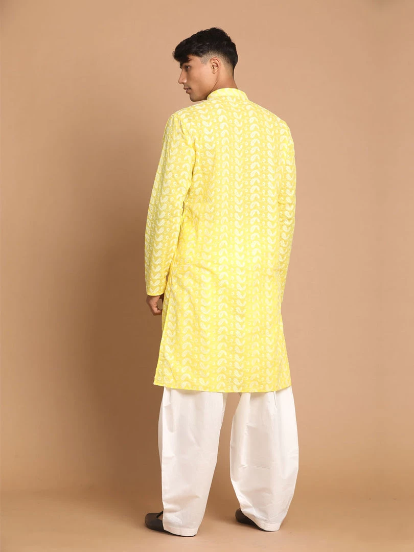 VASTRAMAY Men's Mustard Embroidered Chikankari Pure Cotton Kurta With Patiala Kurta Sets 5 VASTRAMAY Men's Mustard Embroidered Chikankari Pure Cotton Kurta With Patiala Kurta Sets