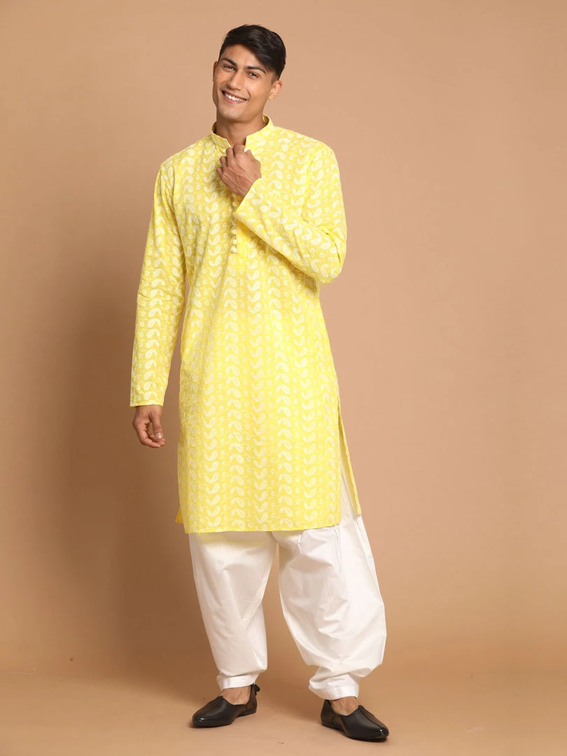VASTRAMAY Men's Mustard Embroidered Chikankari Pure Cotton Kurta With Patiala Kurta Sets 8 VASTRAMAY Men's Mustard Embroidered Chikankari Pure Cotton Kurta With Patiala Kurta Sets