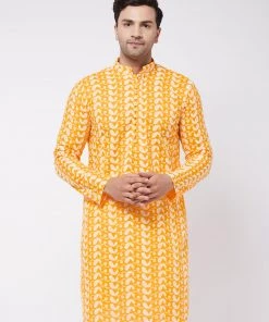 Vastramay Men's Orange Pure Cotton Chikankari Kurta