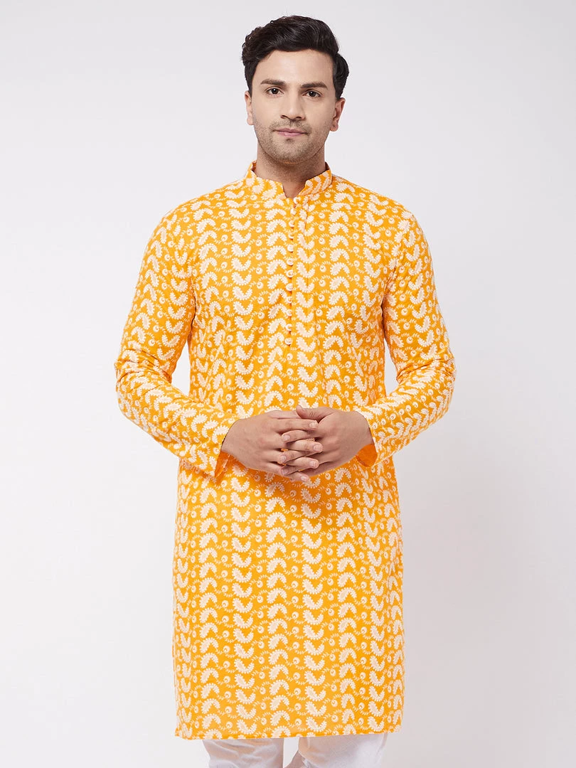 Vastramay Men's Orange Pure Cotton Chikankari Kurta 3 Vastramay Men's Orange Pure Cotton Chikankari Kurta