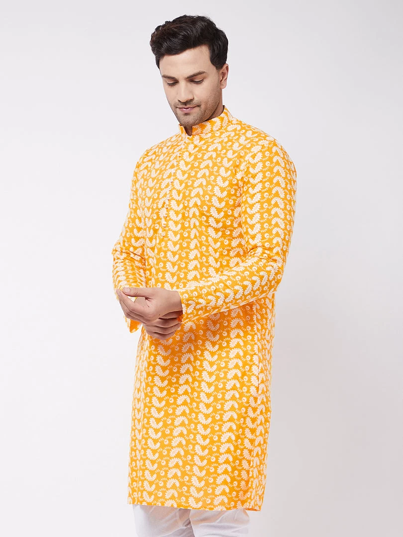 Vastramay Men's Orange Pure Cotton Chikankari Kurta 4 Vastramay Men's Orange Pure Cotton Chikankari Kurta