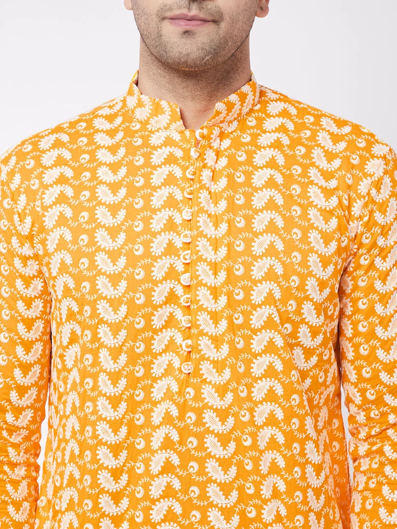 Vastramay Men's Orange Pure Cotton Chikankari Kurta 6 Vastramay Men's Orange Pure Cotton Chikankari Kurta