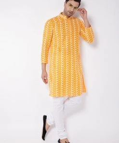 Vastramay Men's Orange Pure Cotton Chikankari Kurta 12 Vastramay Men's Orange Pure Cotton Chikankari Kurta