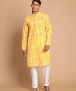 Vastramay Men's Orange And White Chikankari Kurta Pyjama Set