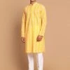 Vastramay Men's Orange And White Chikankari Kurta Pyjama Set With A Prayer Cap Kurta Sets