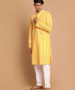 Vastramay Men's Orange And White Chikankari Kurta Pyjama Set With A Prayer Cap Kurta Sets