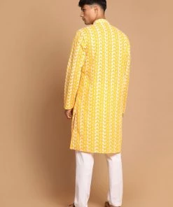 Vastramay Men's Orange And White Chikankari Kurta Pyjama Set With A Prayer Cap Kurta Sets