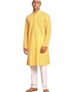 Vastramay Men's Orange And White Chikankari Kurta Pyjama Set With A Prayer Cap Kurta Sets