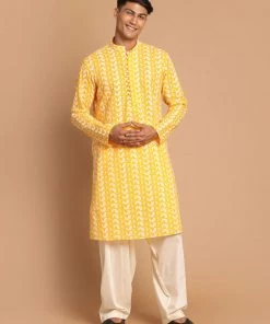 VASTRAMAY Men's Orange Embroidered Chikankari Pure Cotton Kurta With Cream Patiala Kurta Sets