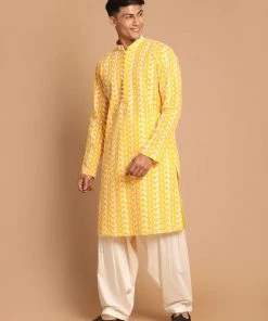 VASTRAMAY Men's Orange Embroidered Chikankari Pure Cotton Kurta With Cream Patiala Kurta Sets