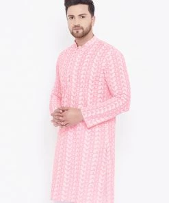 Vastramay Men's Pink Pure Cotton Chikankari Kurta