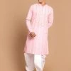 VASTRAMAY Men's Pink Chickankari Kurta With White Dhoti Kurta Sets