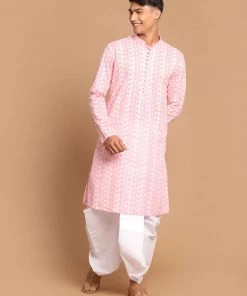 VASTRAMAY Men's Pink Chickankari Kurta With White Dhoti Kurta Sets