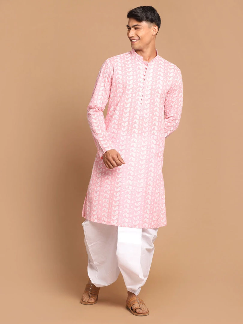 VASTRAMAY Men's Pink Chickankari Kurta With White Dhoti Kurta Sets 3 VASTRAMAY Men's Pink Chickankari Kurta With White Dhoti Kurta Sets