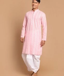 VASTRAMAY Men's Pink Chickankari Kurta With White Dhoti Kurta Sets