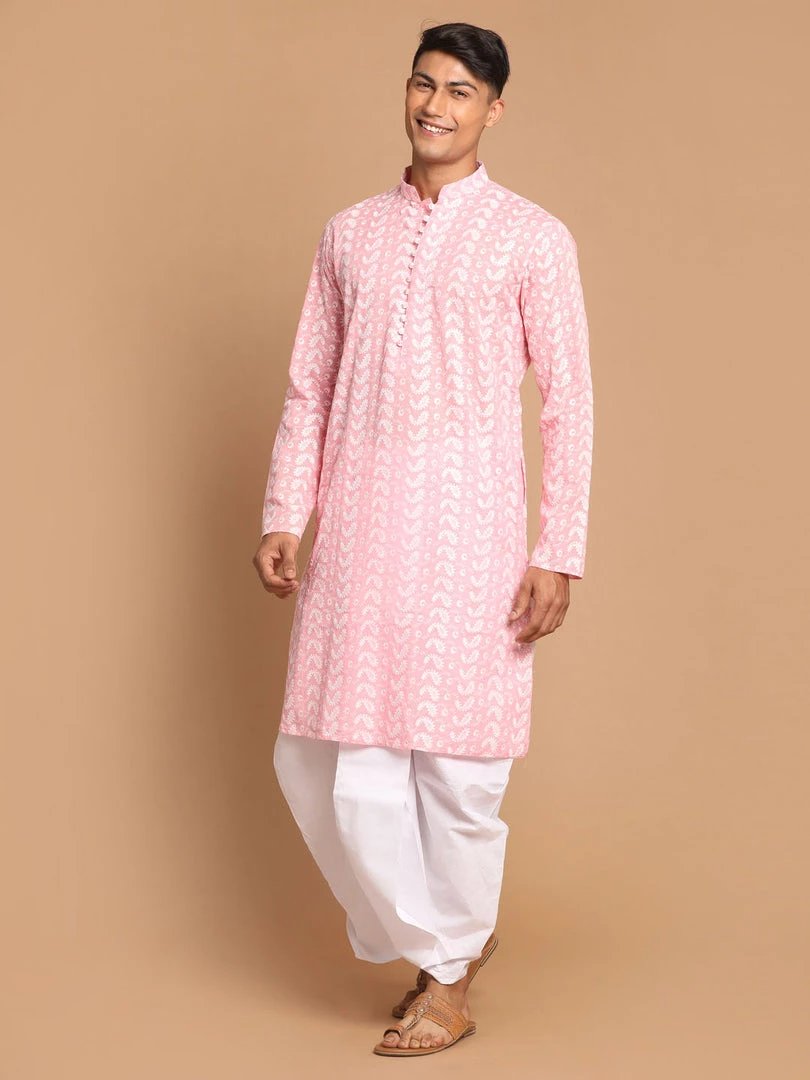 VASTRAMAY Men's Pink Chickankari Kurta With White Dhoti Kurta Sets 4 VASTRAMAY Men's Pink Chickankari Kurta With White Dhoti Kurta Sets