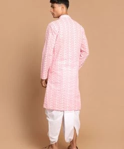 VASTRAMAY Men's Pink Chickankari Kurta With White Dhoti Kurta Sets 10 VASTRAMAY Men's Pink Chickankari Kurta With White Dhoti Kurta Sets