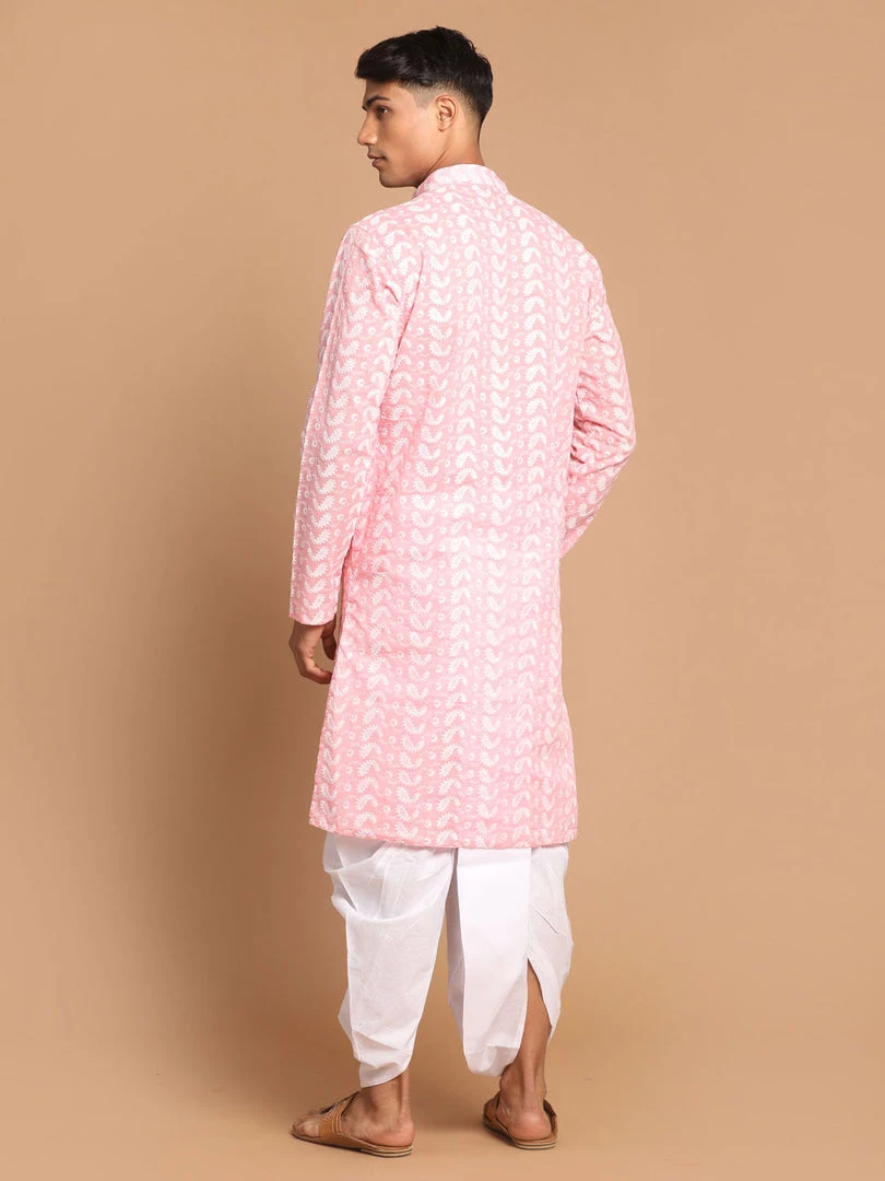VASTRAMAY Men's Pink Chickankari Kurta With White Dhoti Kurta Sets 5 VASTRAMAY Men's Pink Chickankari Kurta With White Dhoti Kurta Sets