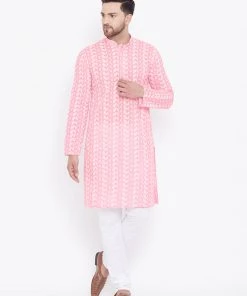 Kurta Sets Vastramay Men's Pink And White Chikankari Kurta Pyjama Set