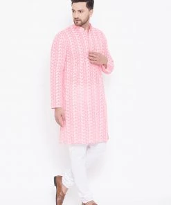 Kurta Sets Vastramay Men's Pink And White Chikankari Kurta Pyjama Set