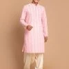 Kurta Sets VASTRAMAY Men's Pink Embroidered Chikankari Cotton Kurta With Cream Patiala